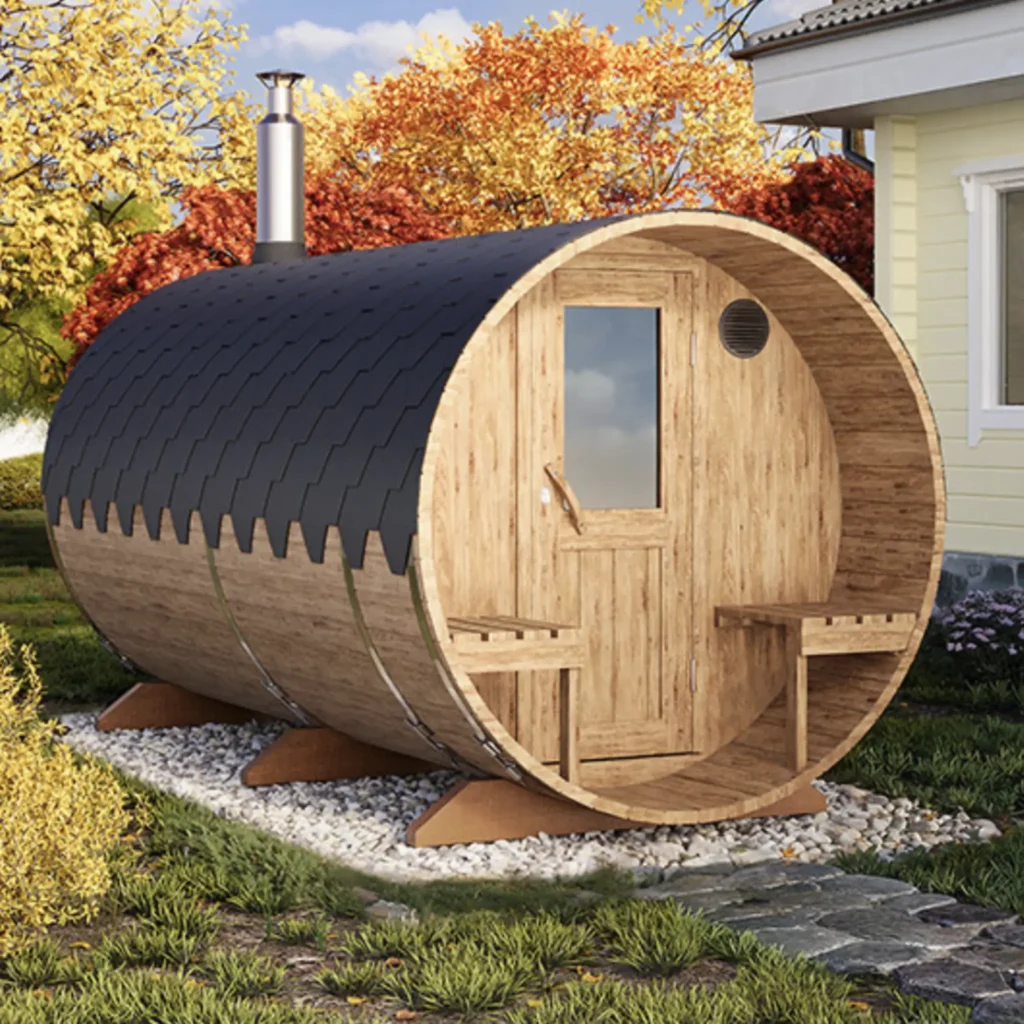 “4m” S4PV Barrel sauna for 4 persons with dressing room and outside seats