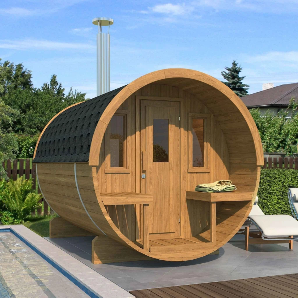 “Ehala 250” barrel sauna – 2.5m from thermowood, with outdoor seating