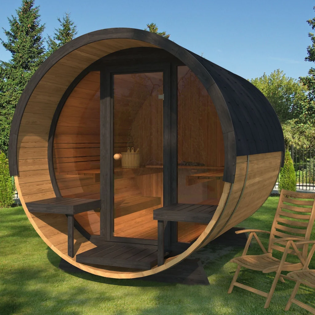 “Ehala 280 deluxe” barrel sauna – 2.8m, from thermowood with full front glass