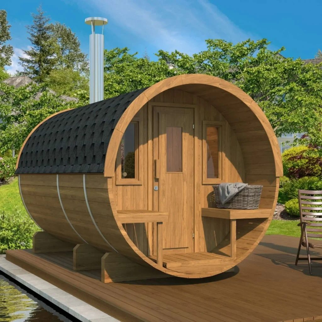 “Ehala 330” barrel sauna – 3.3m sauna from thermowood with changing room and terrace