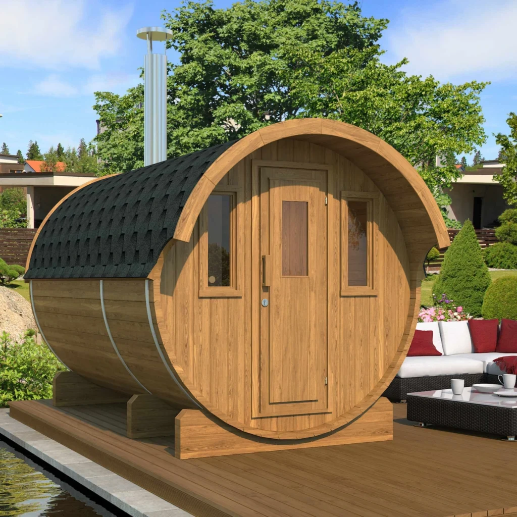 “Ehala 330” barrel sauna – 3.3m, from thermowood with changing room and overhang