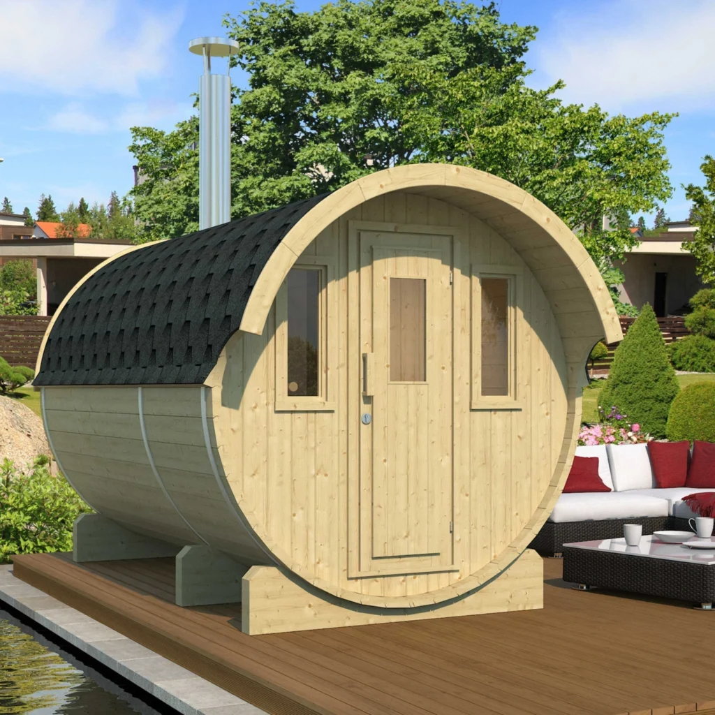 “Ehala 330” barrel sauna – 3.3m, with changing room and overhang