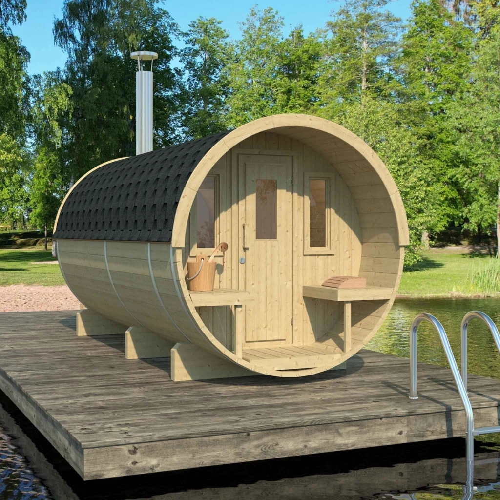 “Ehala 400” barrel sauna – 4m, with changing room and outdoor seating