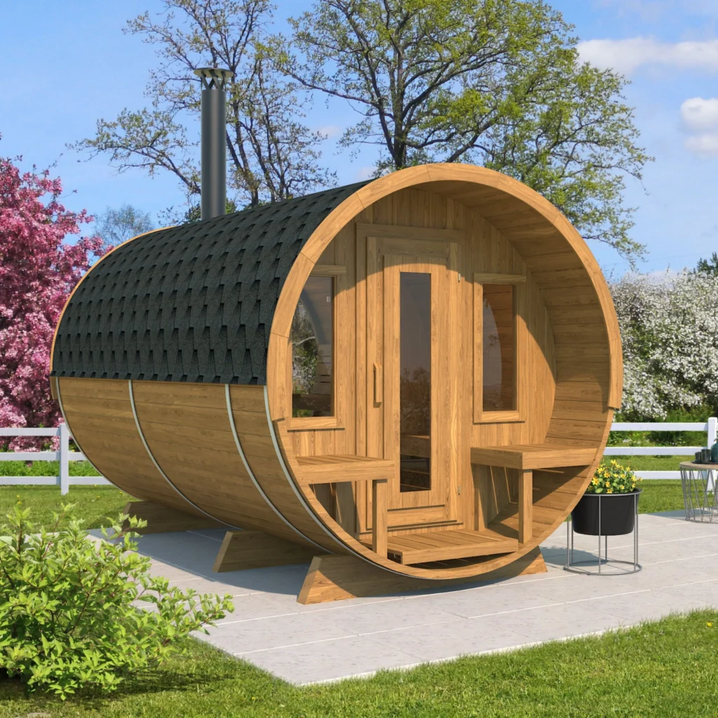 “Ehala 400 deluxe” barrel sauna – 4m, from thermowood with half-moon back window, changing room, and terrace