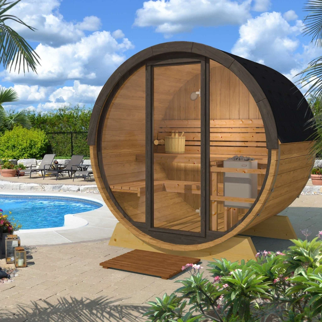 “Ehala pool” barrel sauna 1.6m from thermowood with full glass front wall