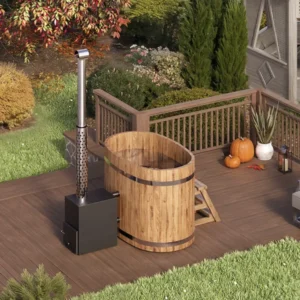 Oval wooden hot tub with outside heater (spruce/thermowood)