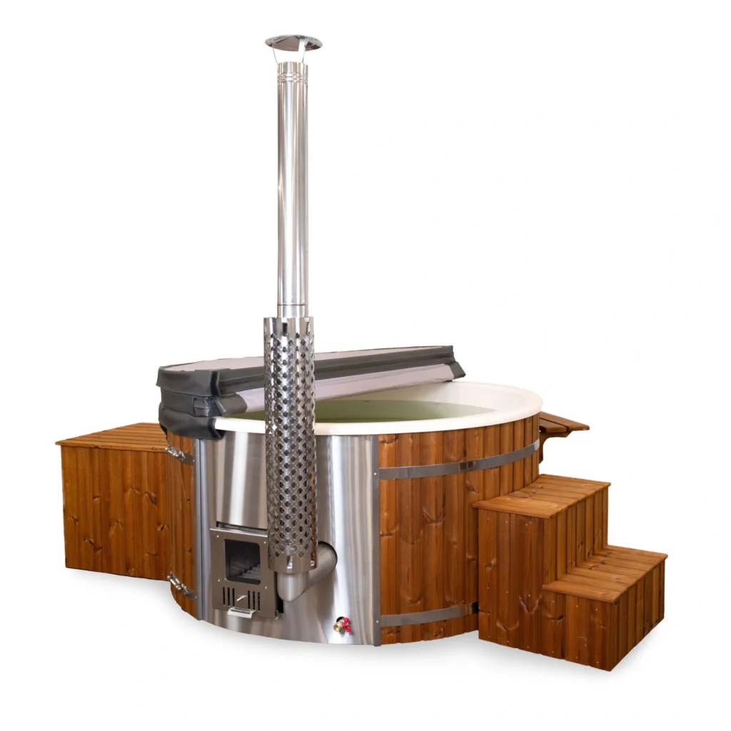 Black Pearl 1, ∅ 2,2m hot tub with integrated wood-burning heater for 6-8 people. Thermal cover included!