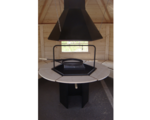 Grill house fire pit with flue and chimney