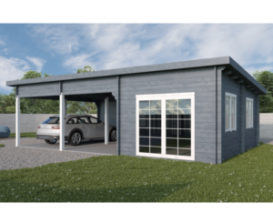 Tivoli – Double carport flat roof with shed (5,95 m x 7.5m), 44mm
