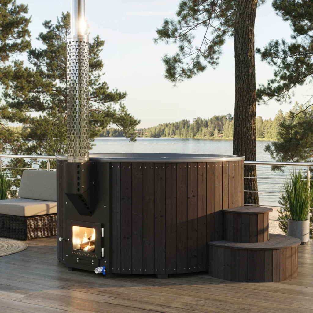 “Yoshino Kumano” 2 m hot tub with ergonomic fiberglass insert and integrated stove